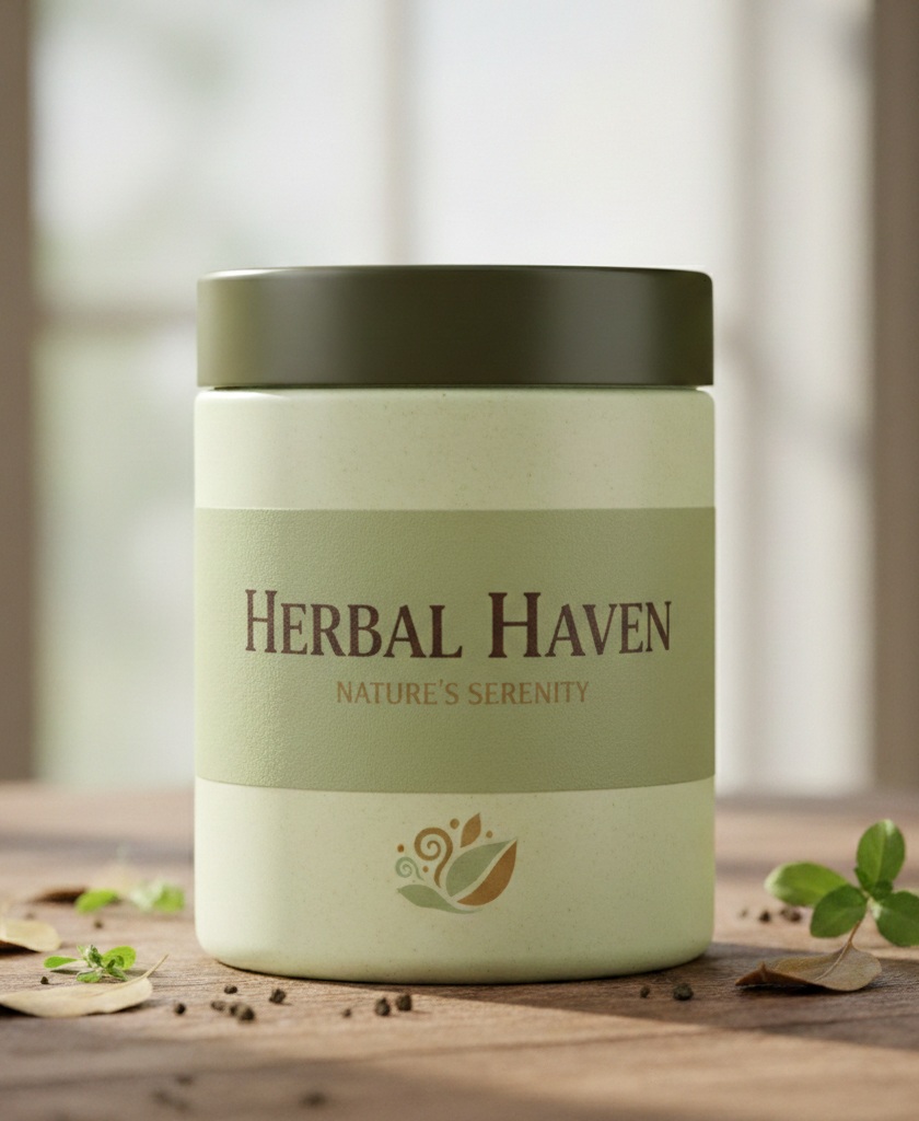 Herbal Haven bottle with botanical leaves